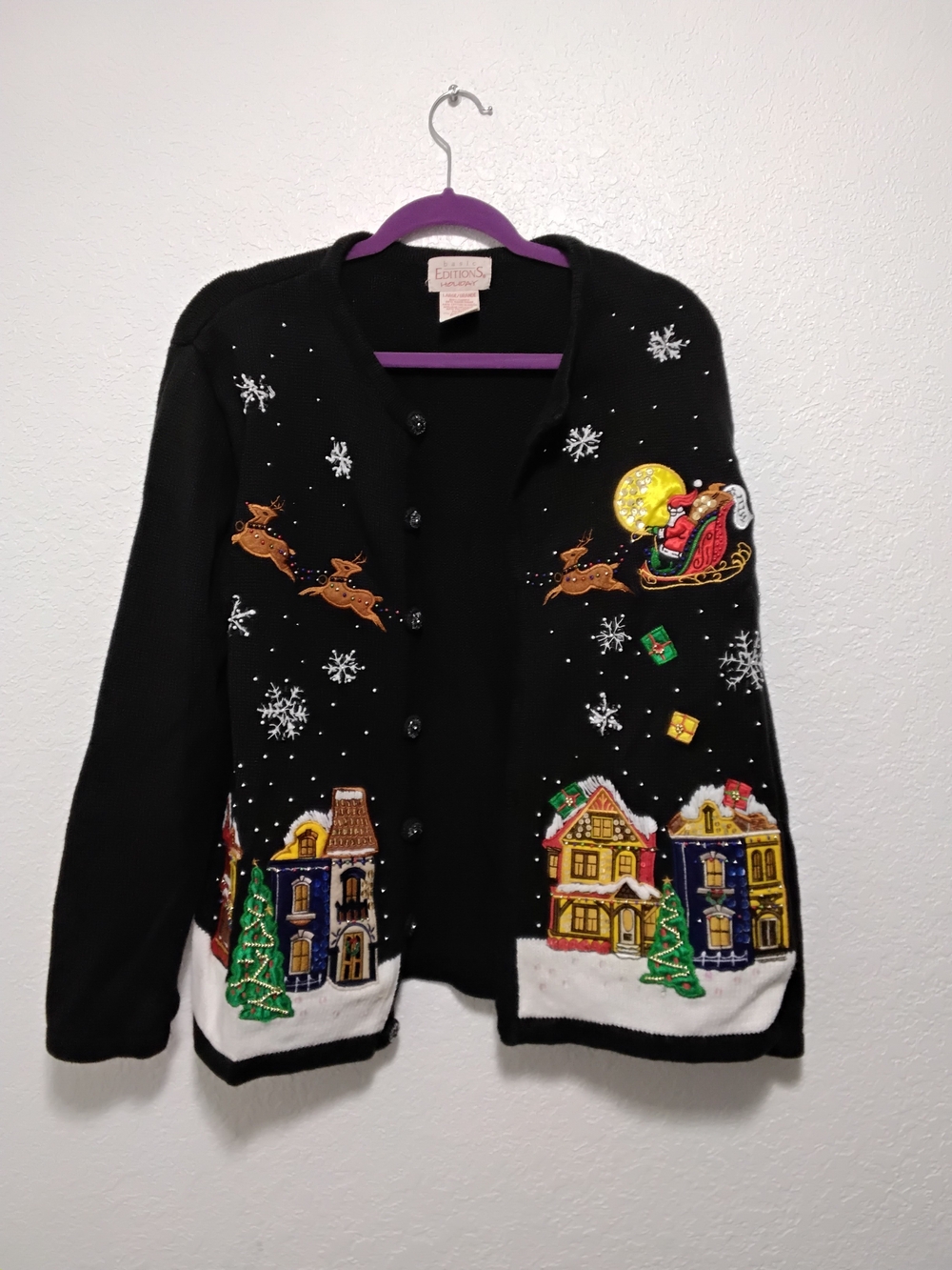 Vintage 1990's Black Holiday Embroidered Cardigan Sweater - Festive Scene Size L